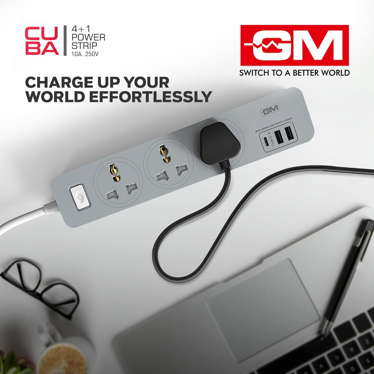 GM 3341 Cuba Power Strip with USB Type–C I Extension Cord with Surge Protection I Spike Guard I Fireproof Body Upto 750 Degree I 1.8M Cord I 3.4A Max Power Output I 3 International Sockets