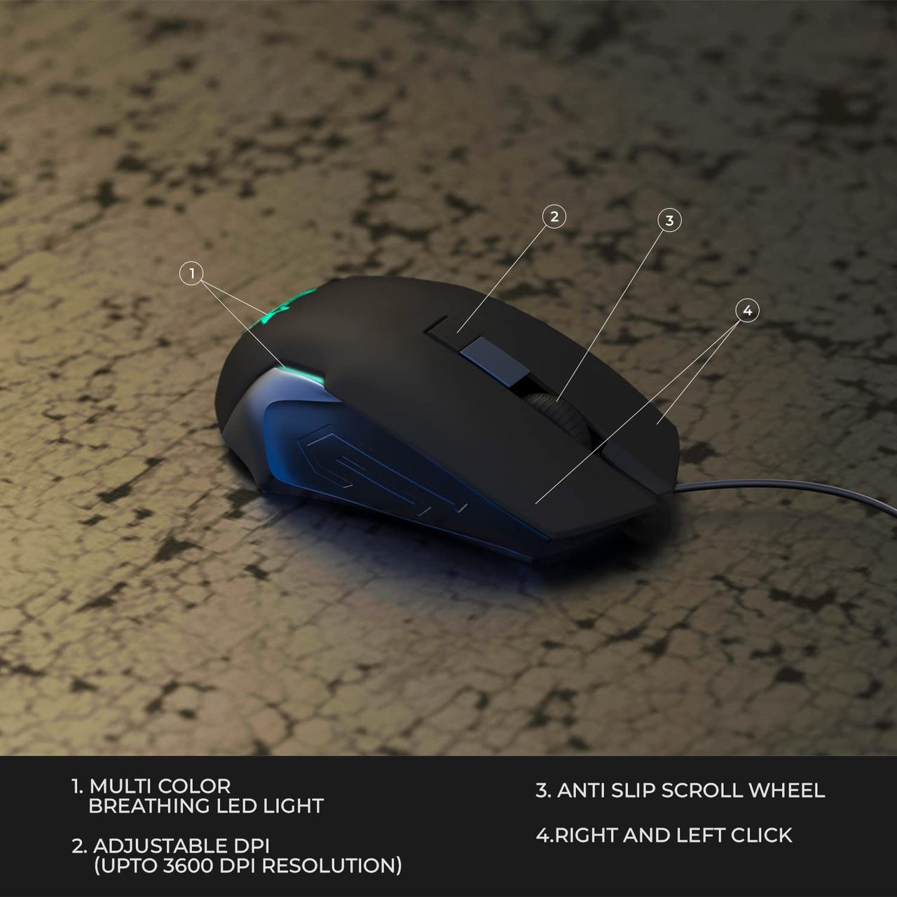 Arctic Fox Wired Usb Gaming Mouse With Breathing Lights And Dpi Upto 3600(Blue)