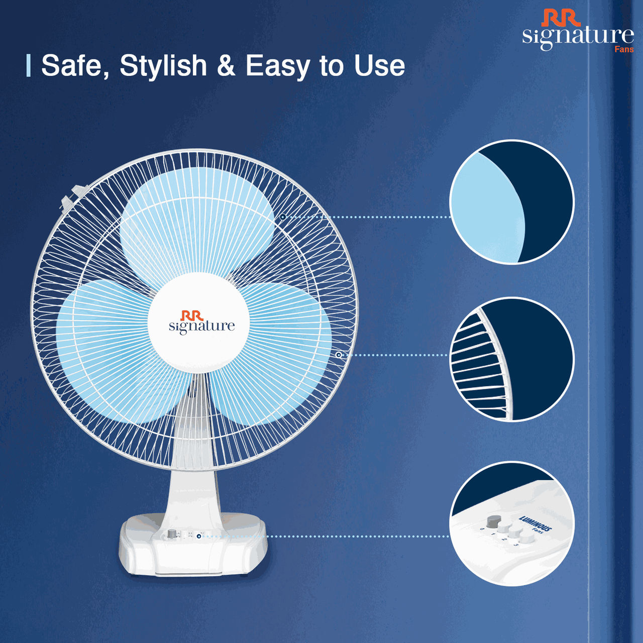 RR Signature Zello Table Fan, 400mm, Normal Speed, White & Blue