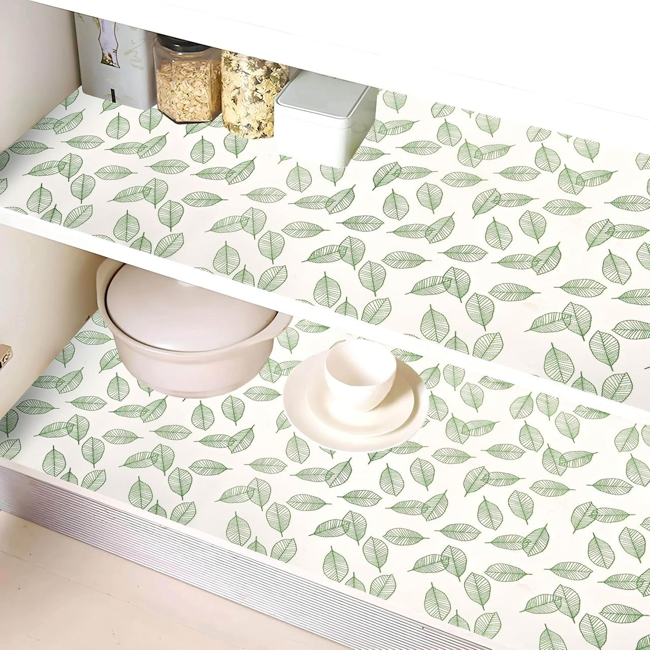 Kuber Industries Shelf Liner | Fridge Mat | Table Mat | Green Leaf Print 3m Wardrobe Mat | White