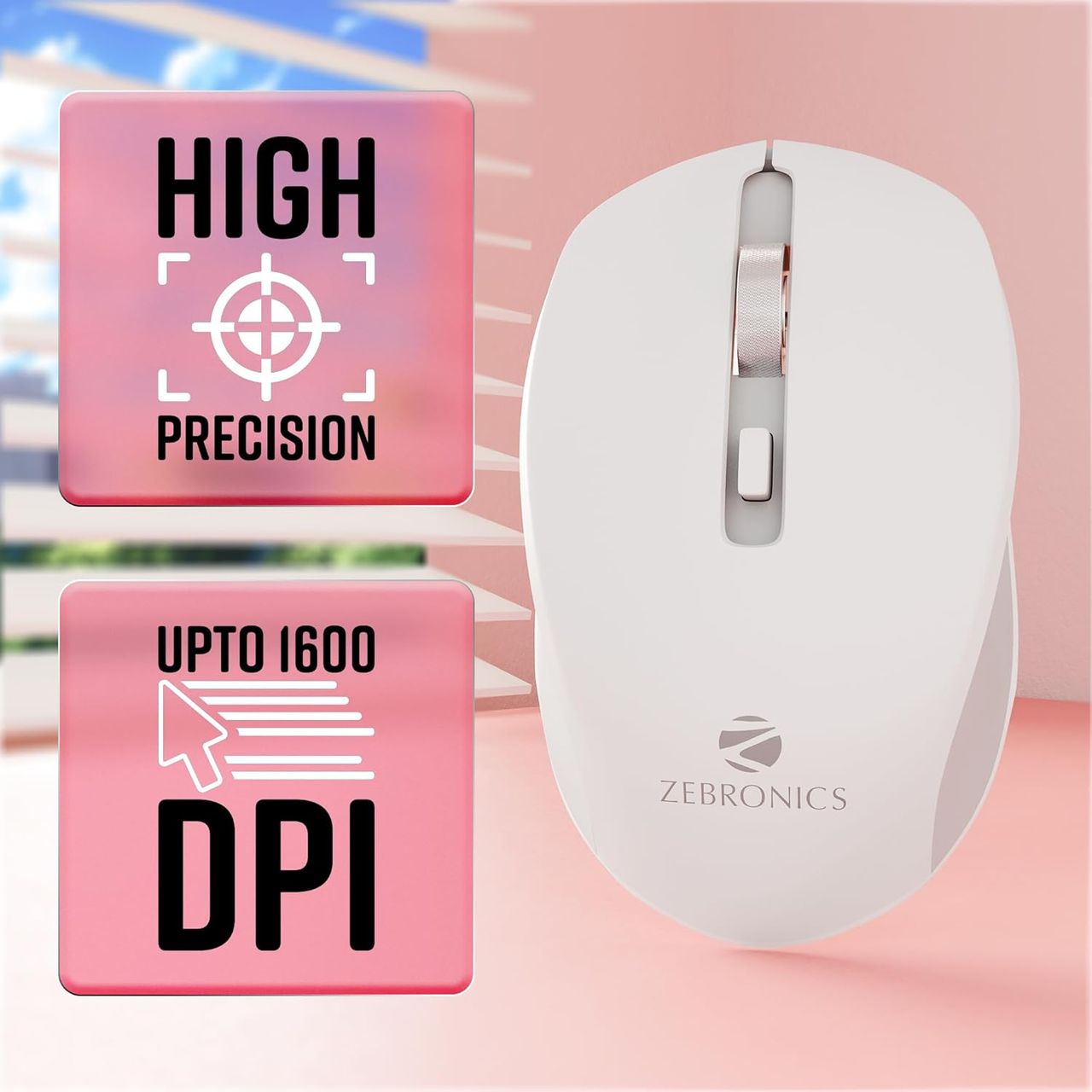 Zeb-Jaguar Wireless Mouse, 2.4Ghz With Usb Nano Receiver, High Precision 4 Buttons (White+Grey)