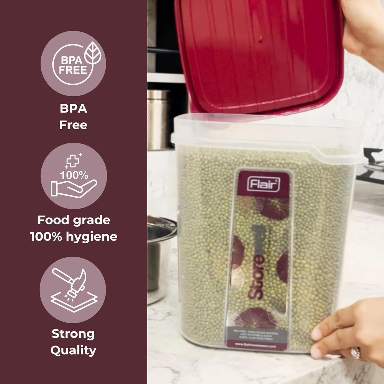 Flair Plastic Storewell Square Food Storage Containers Maroon - Set 3 Pcs (6000Ml,8000 Ml,12000 Ml)