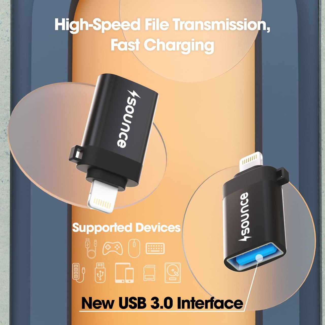 Sounce Lightning Male to 3.0USB A OTG Adapter Pair with iPad, iPhone15, iPhone14, iPhone13 - Black