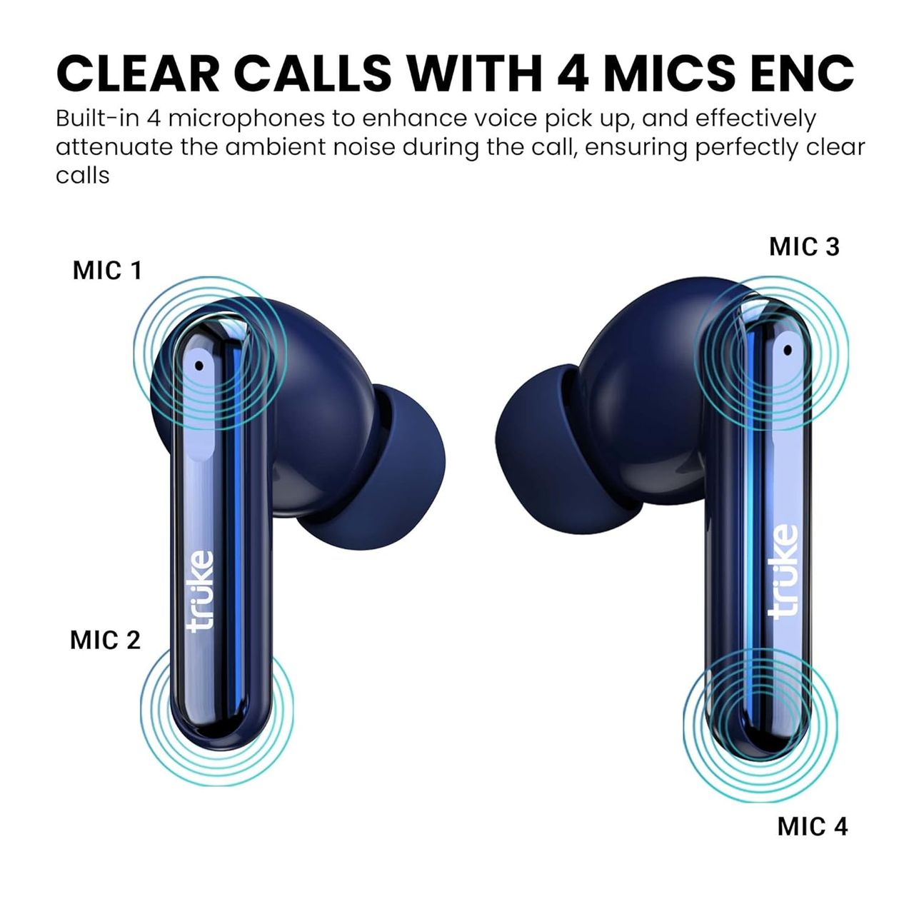 Truke Buds Vibe with 35dB ANC, 4Mic ENC, 13mm Driver 48H Battery, 40ms Latency (Blue,True Wireless)