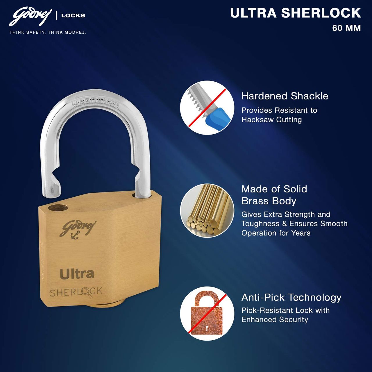 Godrej Ultra Sherlock 60mm Padlock | 3 Keys | Main Door, Gate, Tool Box | Blister Finish