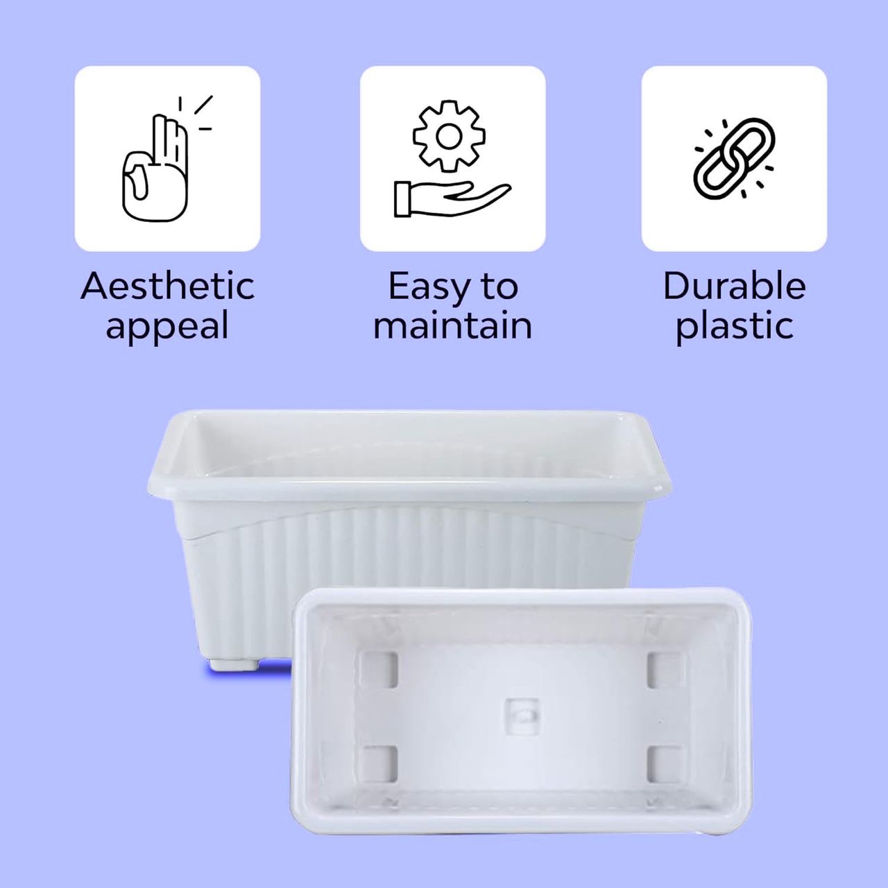 Nayra Plant Pots Plastic Rectangular White Color Pots | Set of 2