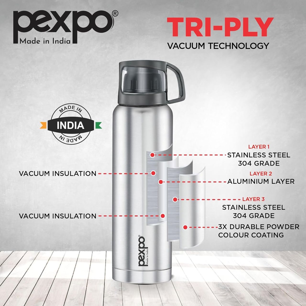 Pexpo Fererro ISI Certified Vacuum Insulated Hot/Cold Steel Flask With Jute Bag - 1.5 L | Silver
