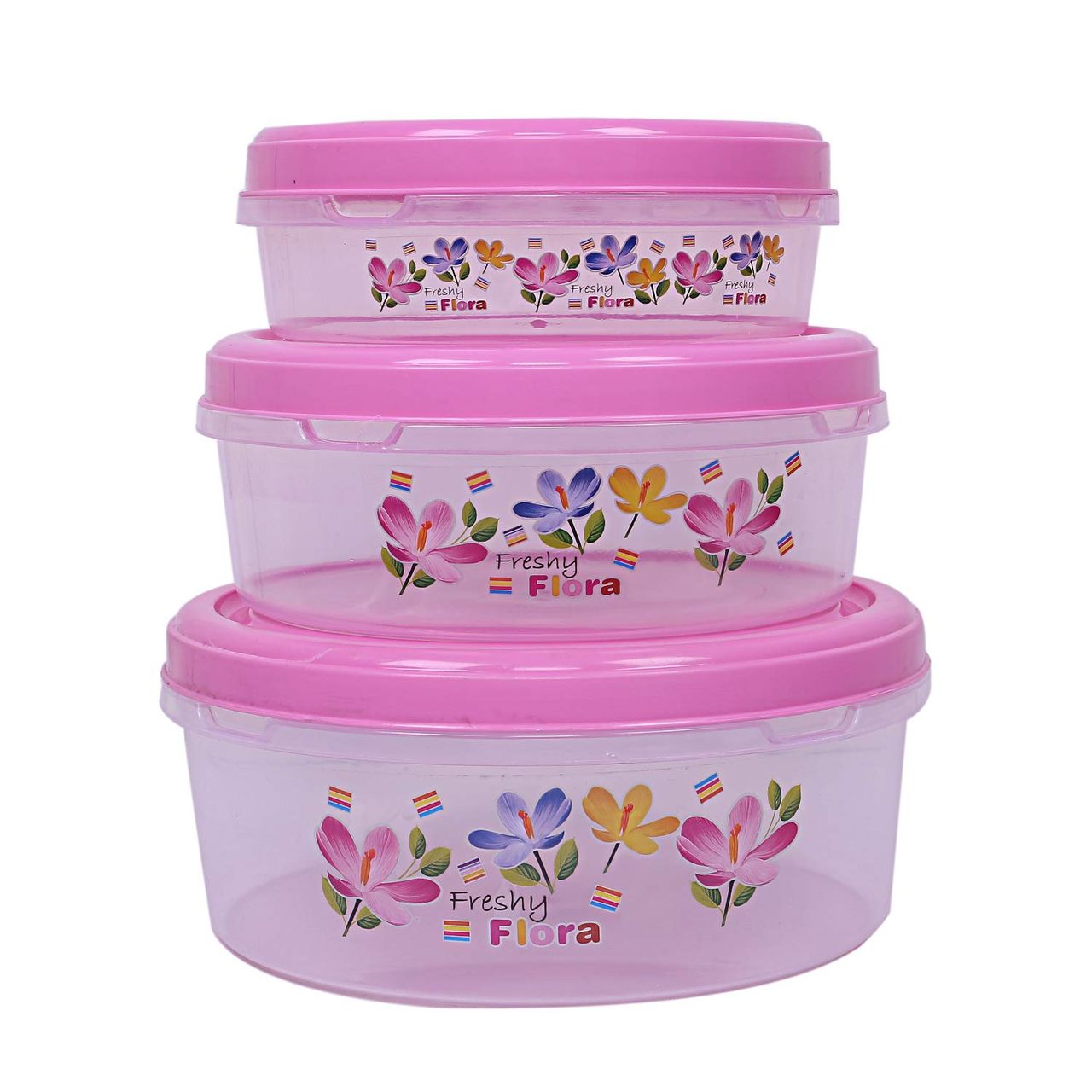 Kuber Industries Plastic Set of 3 1000 | 2000 & 3000 ML Floral Food Saver Container Set (Pink)