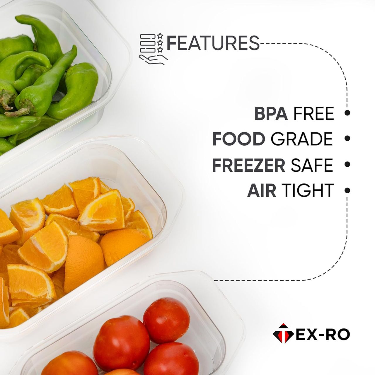 Tex-Ro Matte Finish Plastic Fridge Container for Storage | 800 ml-1200 ml-1800 ml | Pack of 6