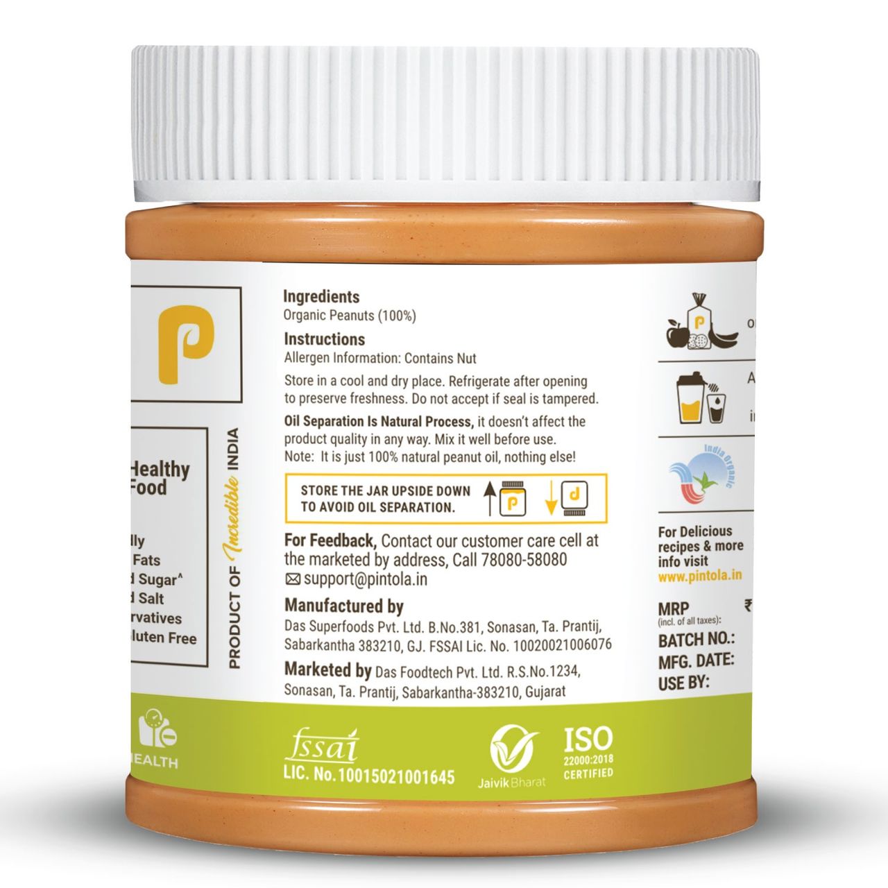 Pintola Organic Unsweetened Peanut Butter Crunchy - High Protein 30G & 9G Dietary Fiber