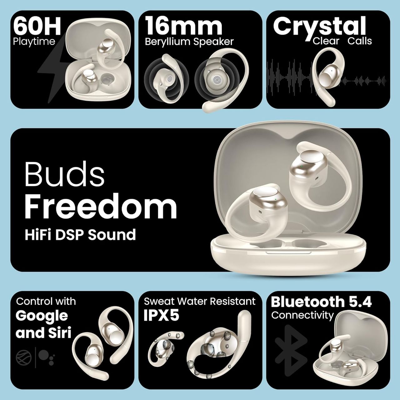 truke Buds Freedom Truly Wireless Bluetooth OWS with 4Mic PureVoice ENC, 60H Battery - IndigoGold