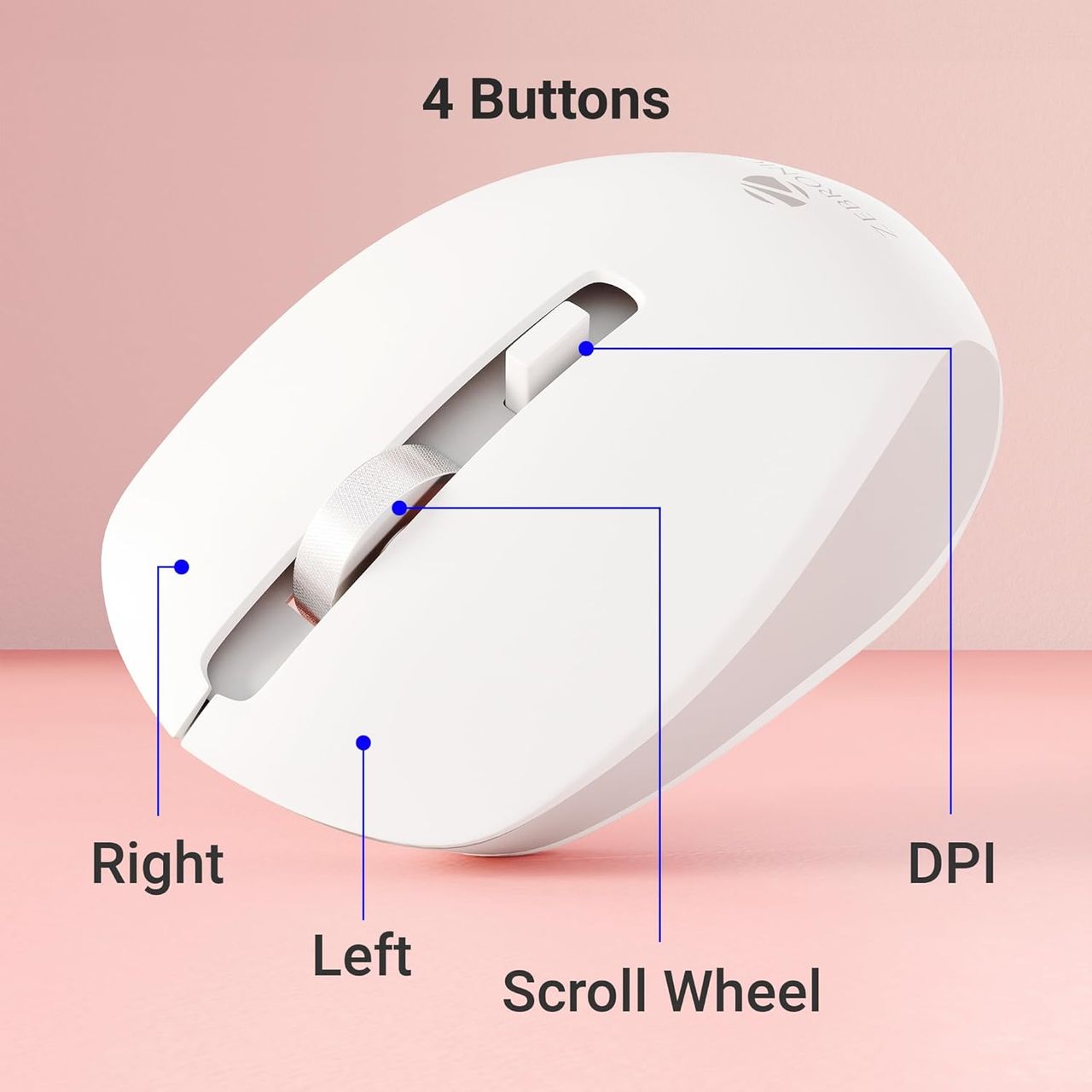 Zeb-Jaguar Wireless Mouse, 2.4Ghz With Usb Nano Receiver, High Precision 4 Buttons (White+Grey)