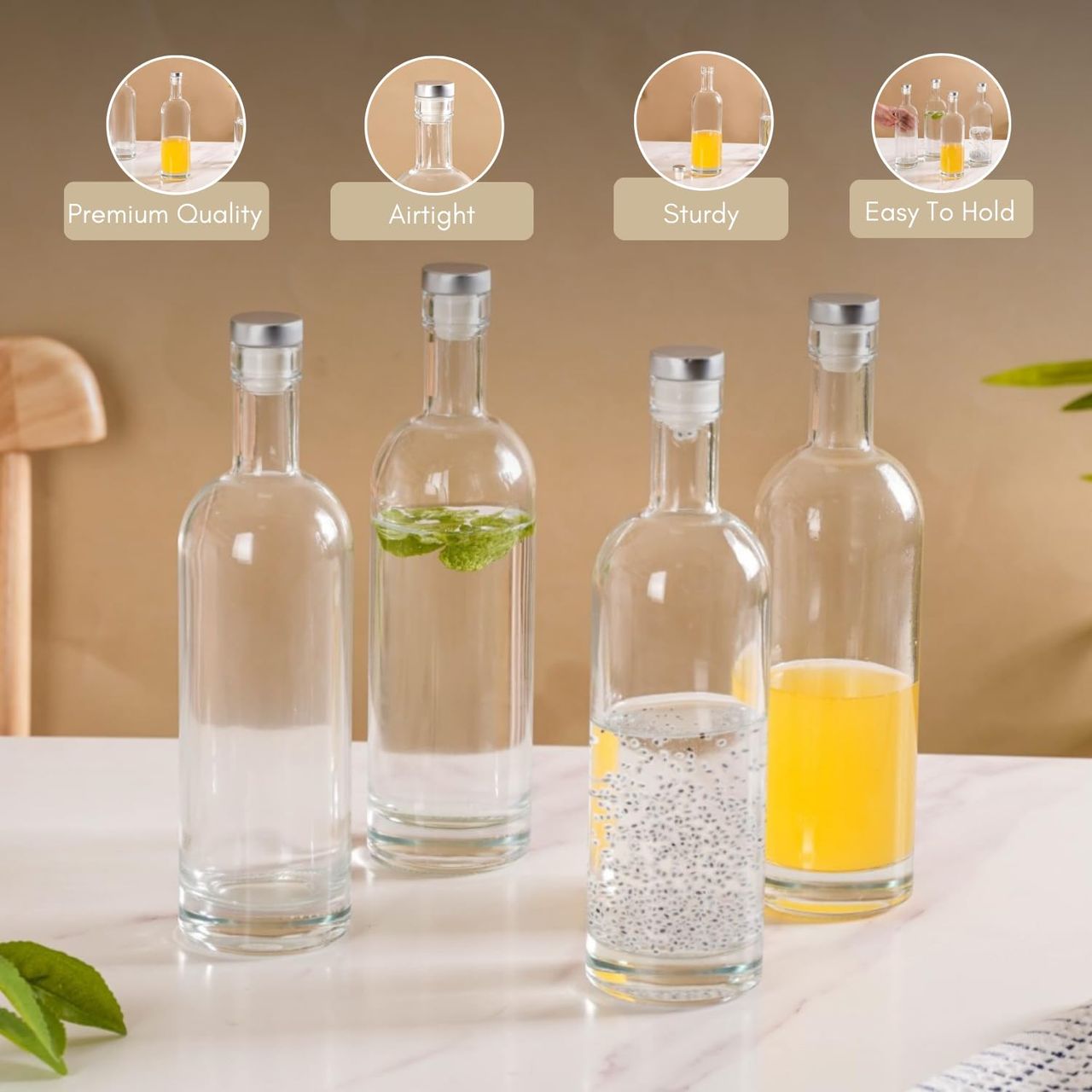 Nestasia Glass Water Bottles with Stopper - Set of 4 (500ml each)