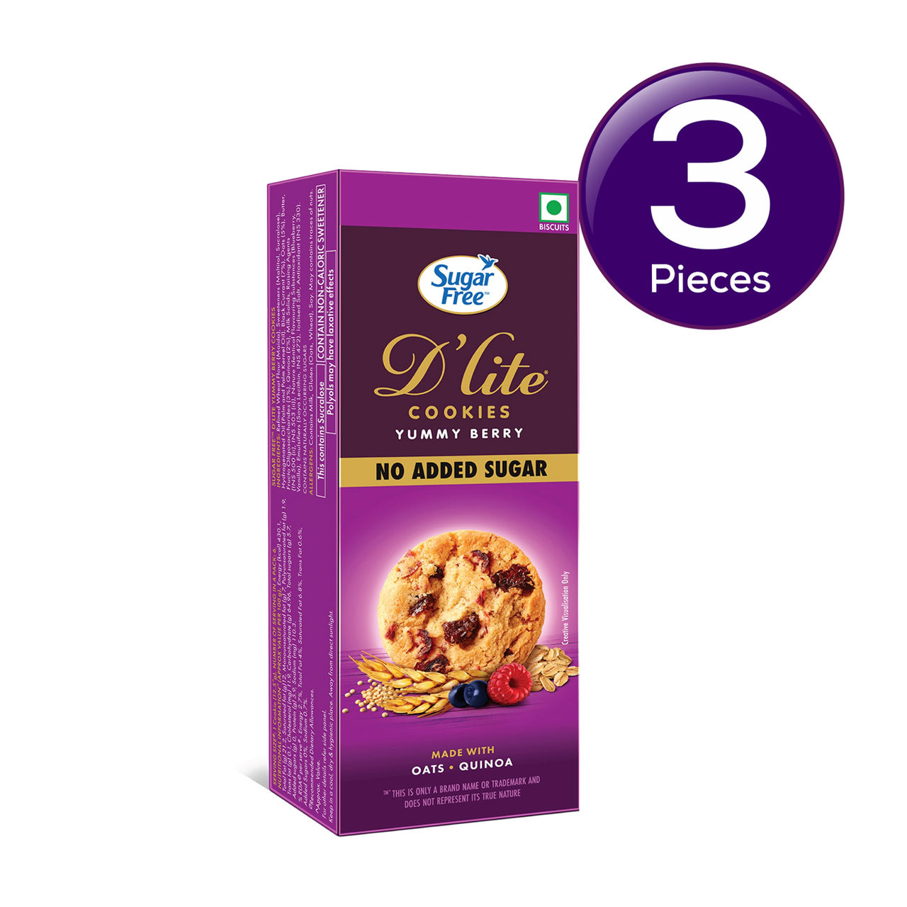 Sugar Free D'Lite Yummy Berry Cookies | Zero Added Sugar | Made with Oats & Quinoa 75 g Combo
