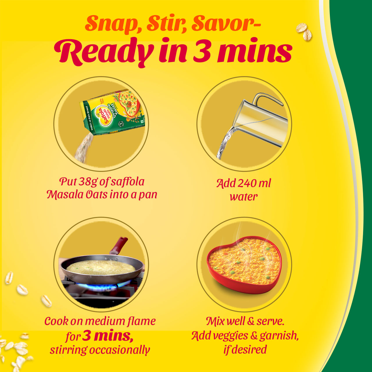 Saffola Masala Oats | Veggie Twist | Anytime Snack | Ready in 3 mins | Millets Goodness 38 g Combo