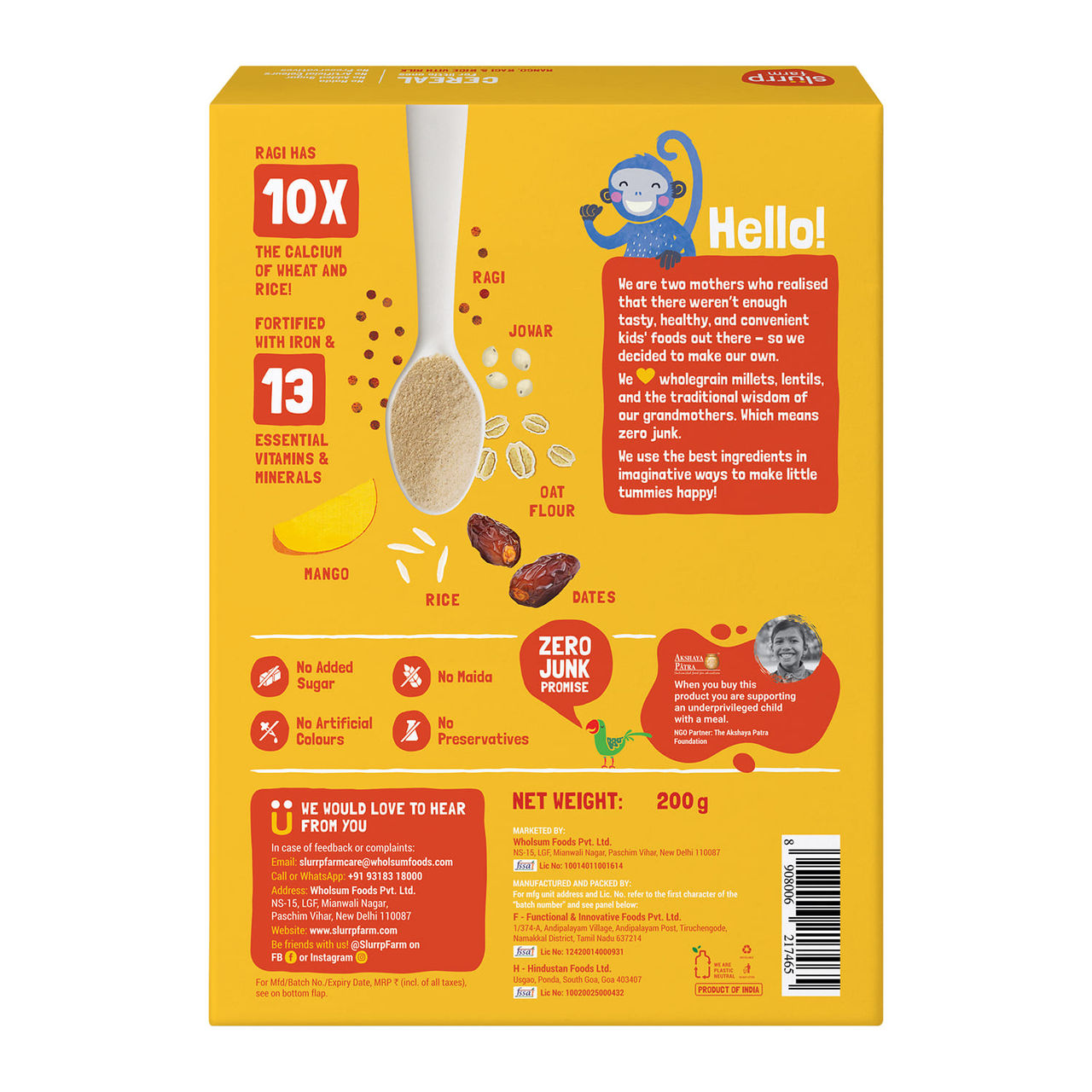 Slurrp Farm No Added Sugar Cereal - Ragi, Rice And Mango With Milk, No Preservatives, Made With Multigrain Millets, 200 Gm(200gms) & Slurrp Farm Cereal - Wheat, Apple & Date With Milkno Added Sugar No Powder 1 Pcs(1pc) Combo