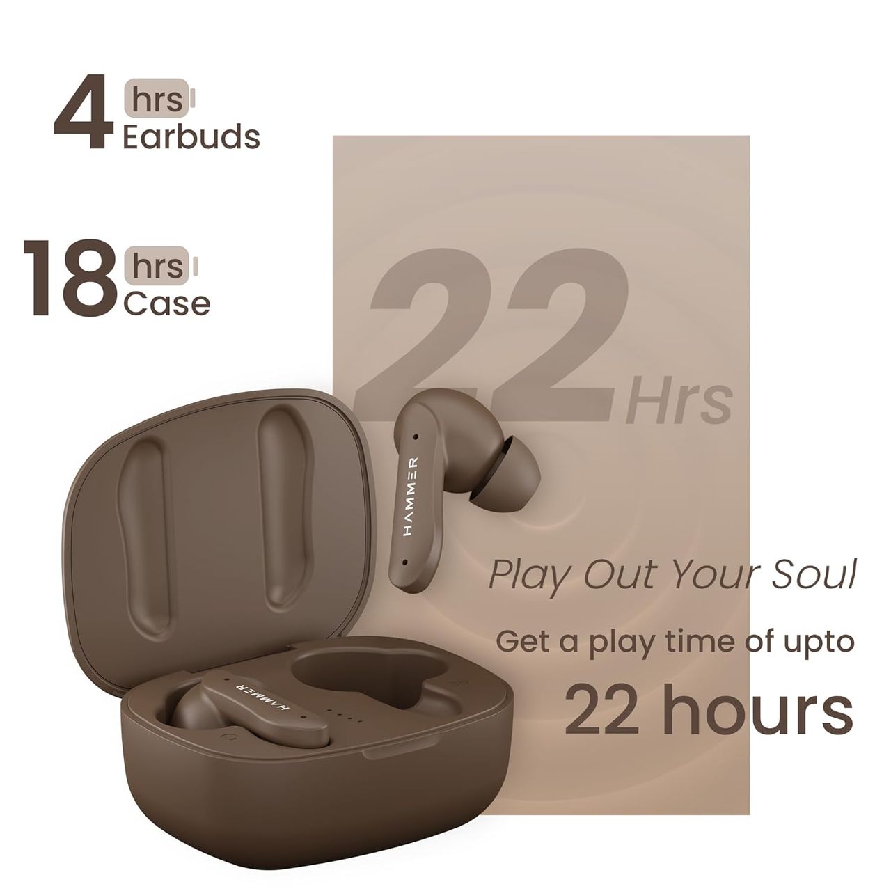 Hammer Solitude Enc Bluetooth In Ear Earbuds With Upto 22H Playtime, Type-C - Mocha Brown