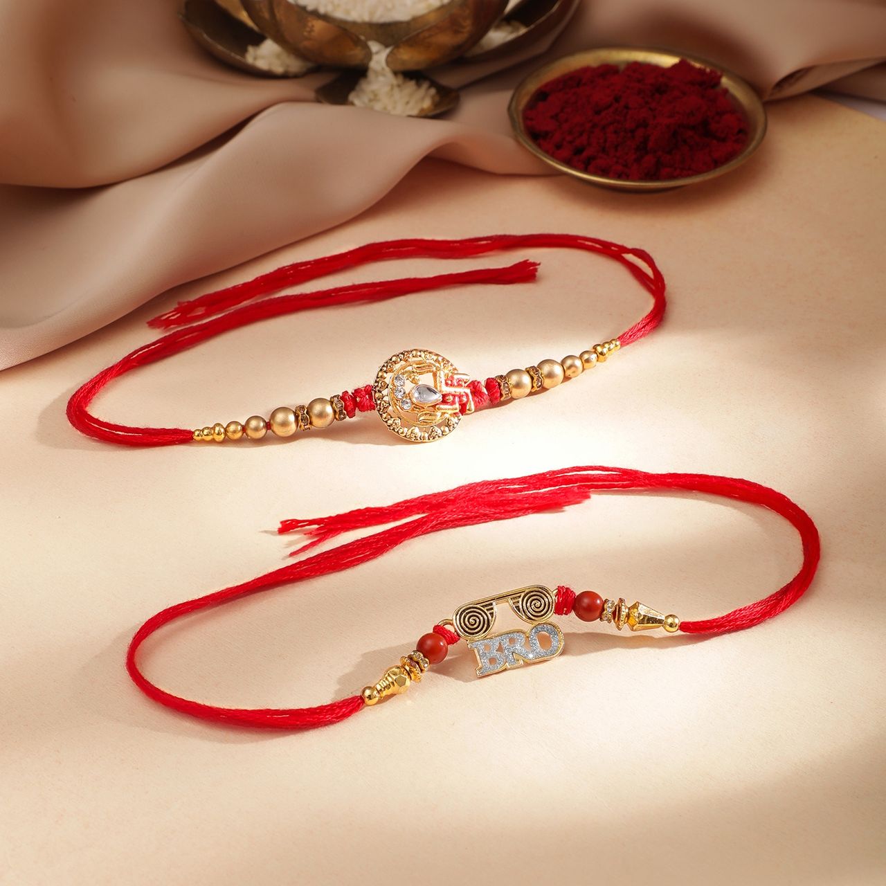 Rubans Gold Toned Bro Code and Swastik Rakhi Set - Stylish and Symbolic