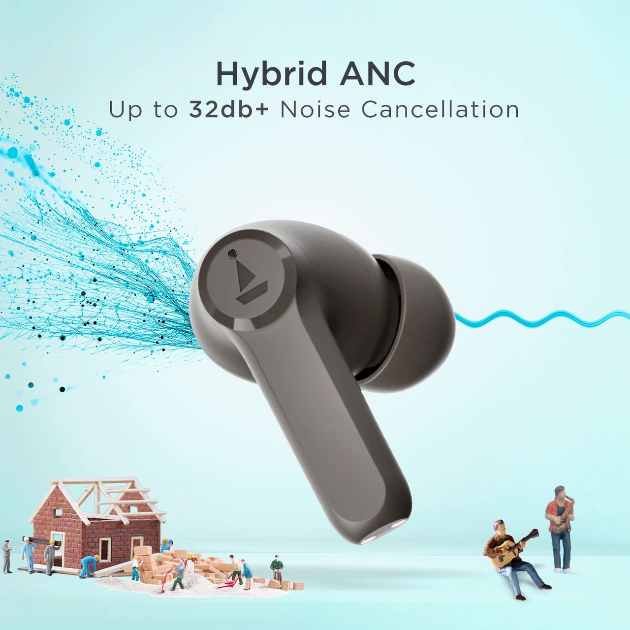 boAt Airdopes 393anc Tws Earbuds W/ 32db Hybrid Anc, Quad Mics With Enx Tech(Davy's Grey)