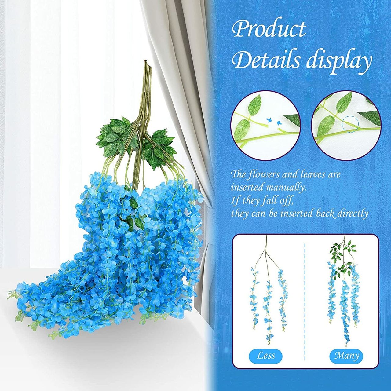 Well Art Gallery Artificial Wisteria Hanging Flowers Vines String Decorations (Pack Of 6,Sky Blue)