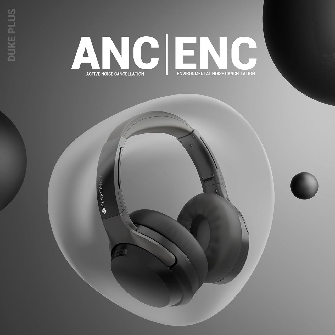 Zebronics Duke Plus BT Headphone, ANC, ENC, Gaming Mode, Dual Pairing, 70H, BT 5.4, AUX (Black)