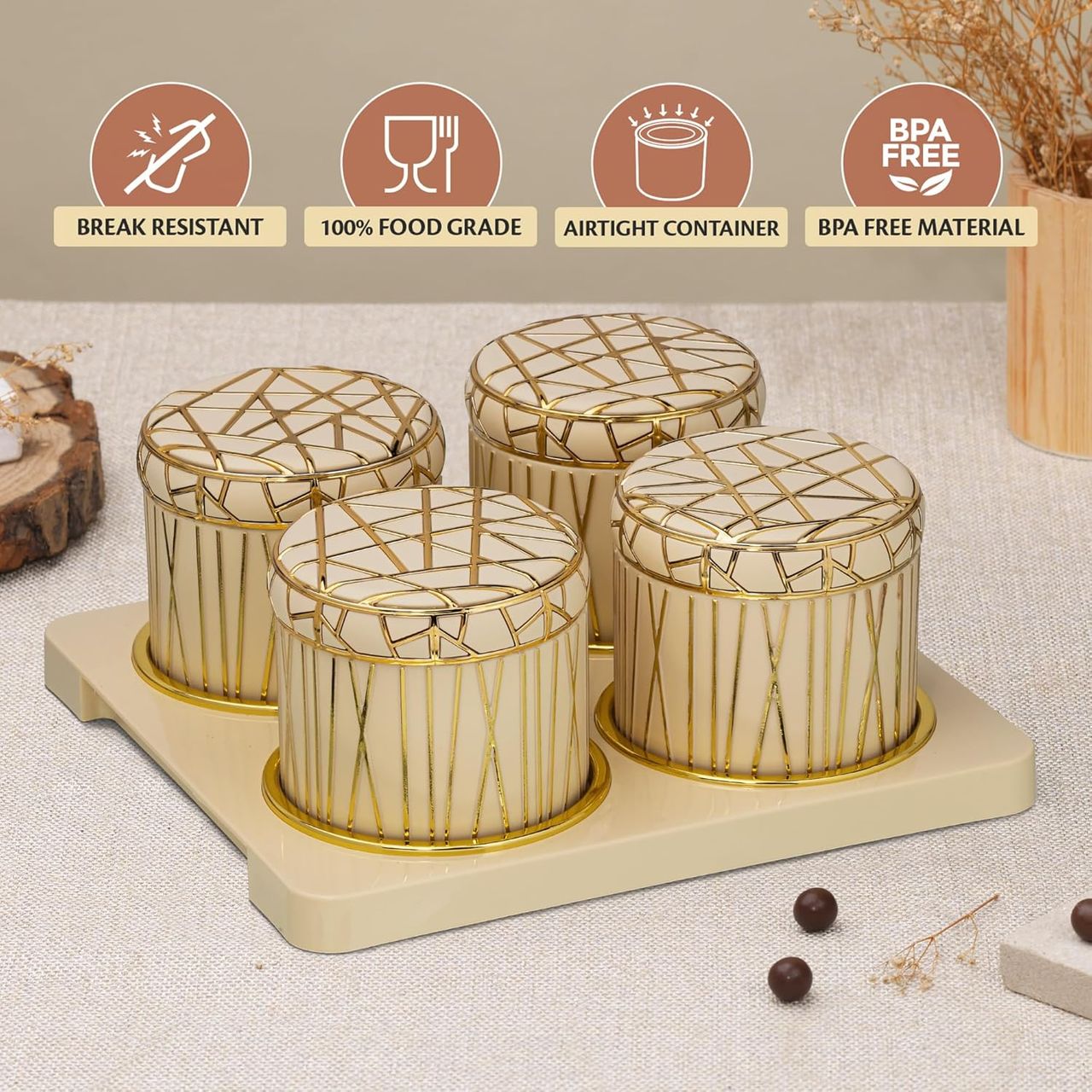 Selvel Royal Linex Airtight Dry Fruit Container | 450ml Each | With Serving Tray | Ivory