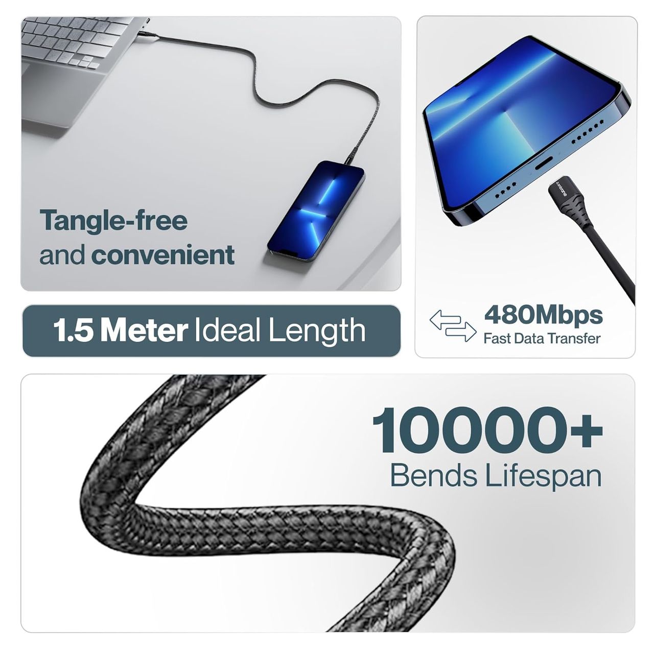 Ambrane ABCC-100 USB Type C to Type C 1.5 mtr Cable - Braided Design | Fast Charging