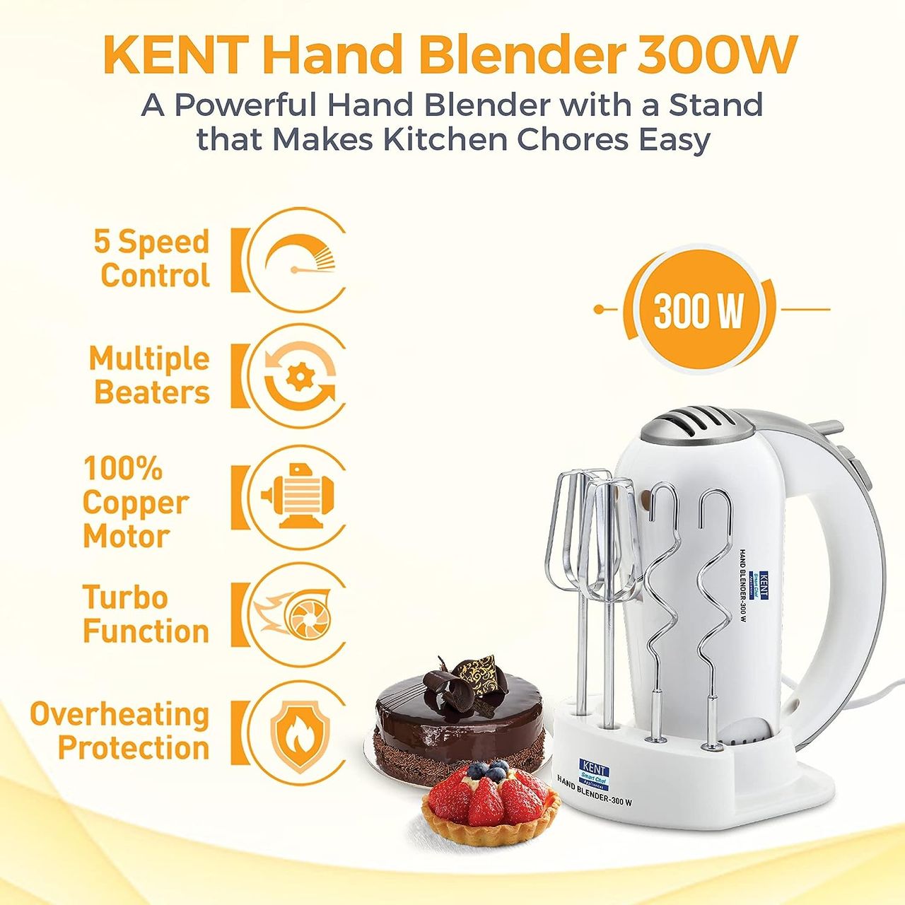 Kent 16051 Hand Blender 300W | 5 Variable Speed Control | Turbo Function, Plastic,