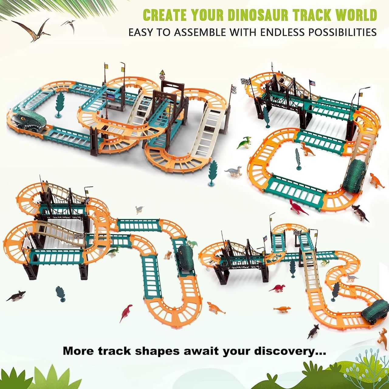 Toyshine 48 Pcs Diy Flexible Dino Track Set Toy Build With Multiple Layouts With Battery Operated