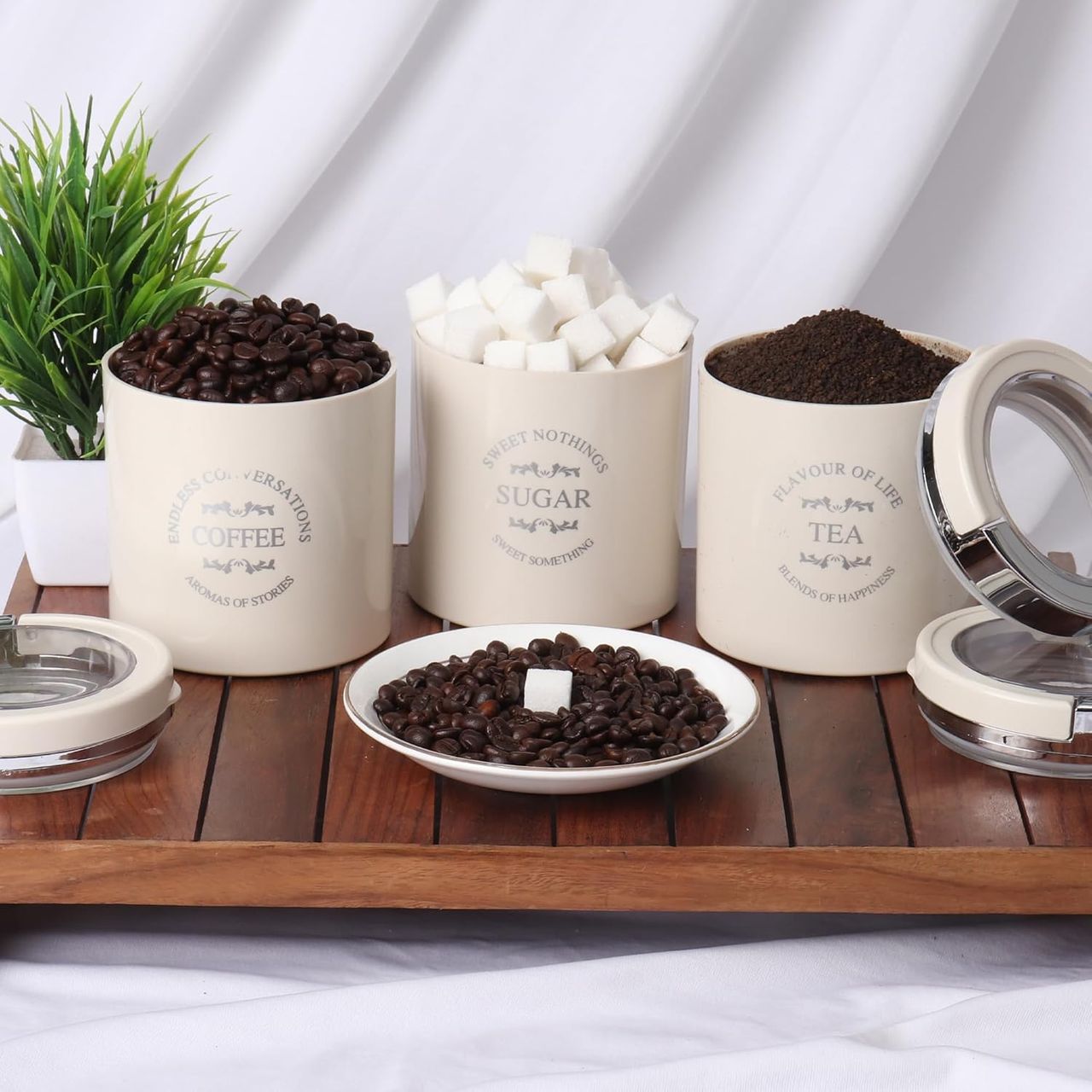 Jaypee Plus Classique Airtight Rubber Lock Tea Coffee Sugar Containers Set Of 3 , 750 Ml , Ivory