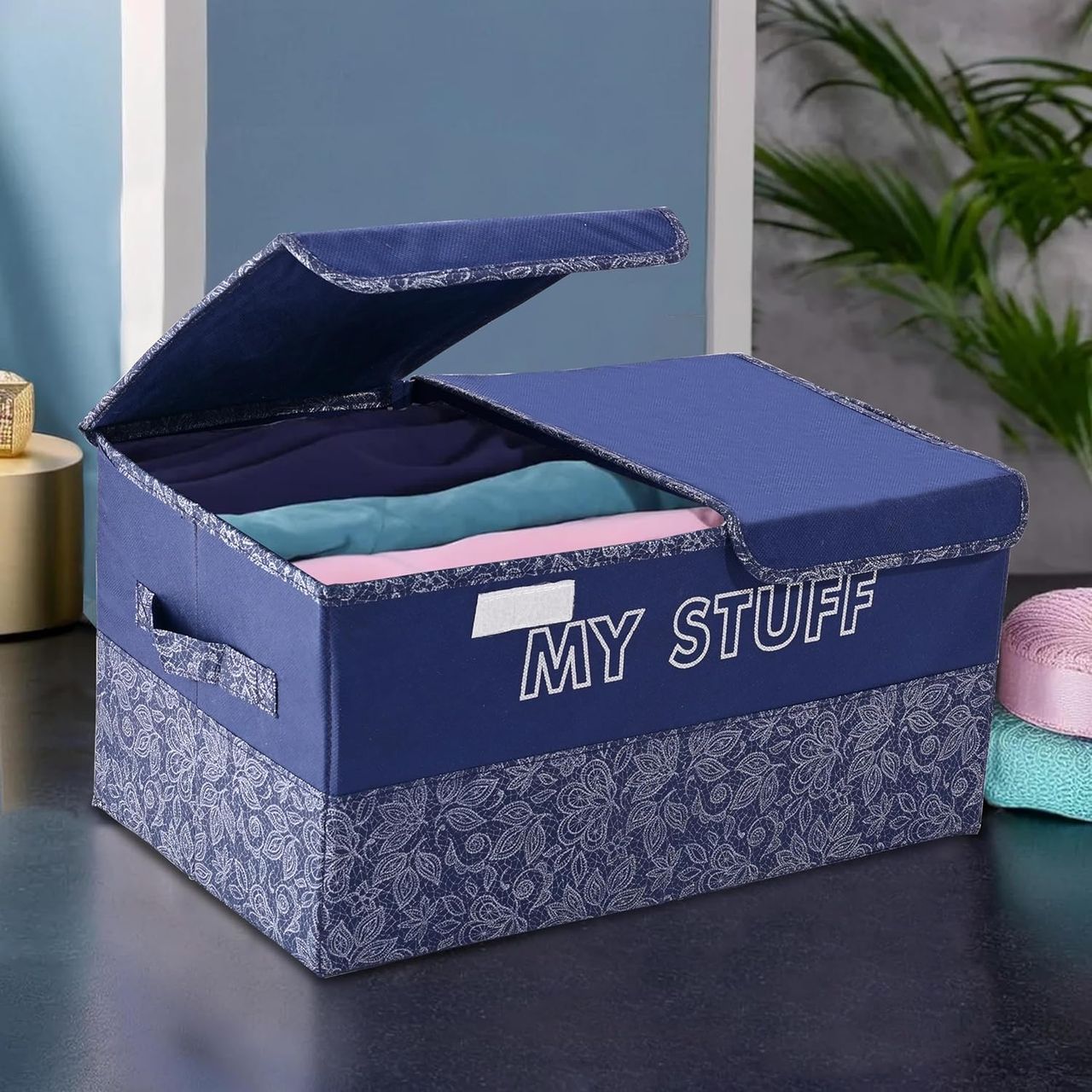 Kuber Industries 2 Compartments Foldable Double Lid Large Wardrobe Organizer | Navy Blue