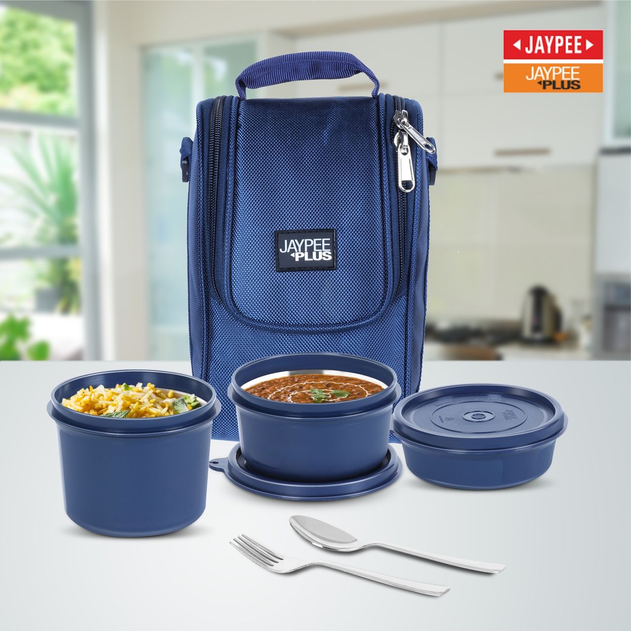 Jaypee Plus Homely Lunch Box For Office 3 Microwave Safe Air Tight Container 230,390, 570Ml, Blue