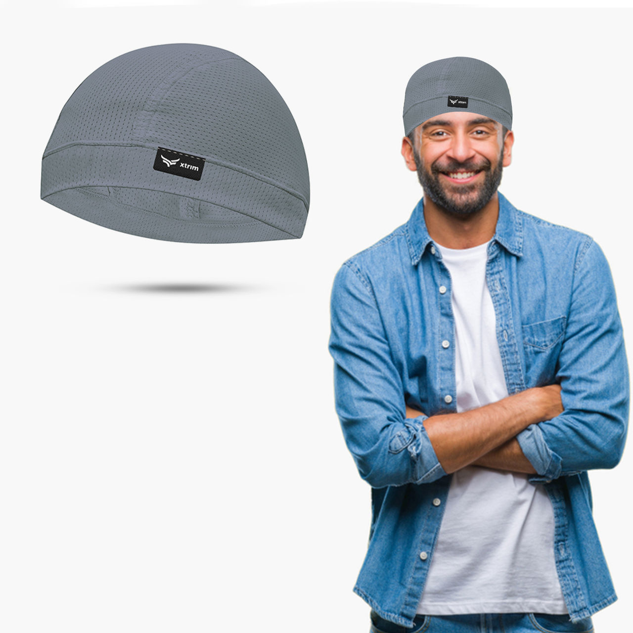 Xtrim Skull Cap for Bikers/Cyclists, Inner Helmet Liner, Sweat Cooling | Grey | One Size Fits All