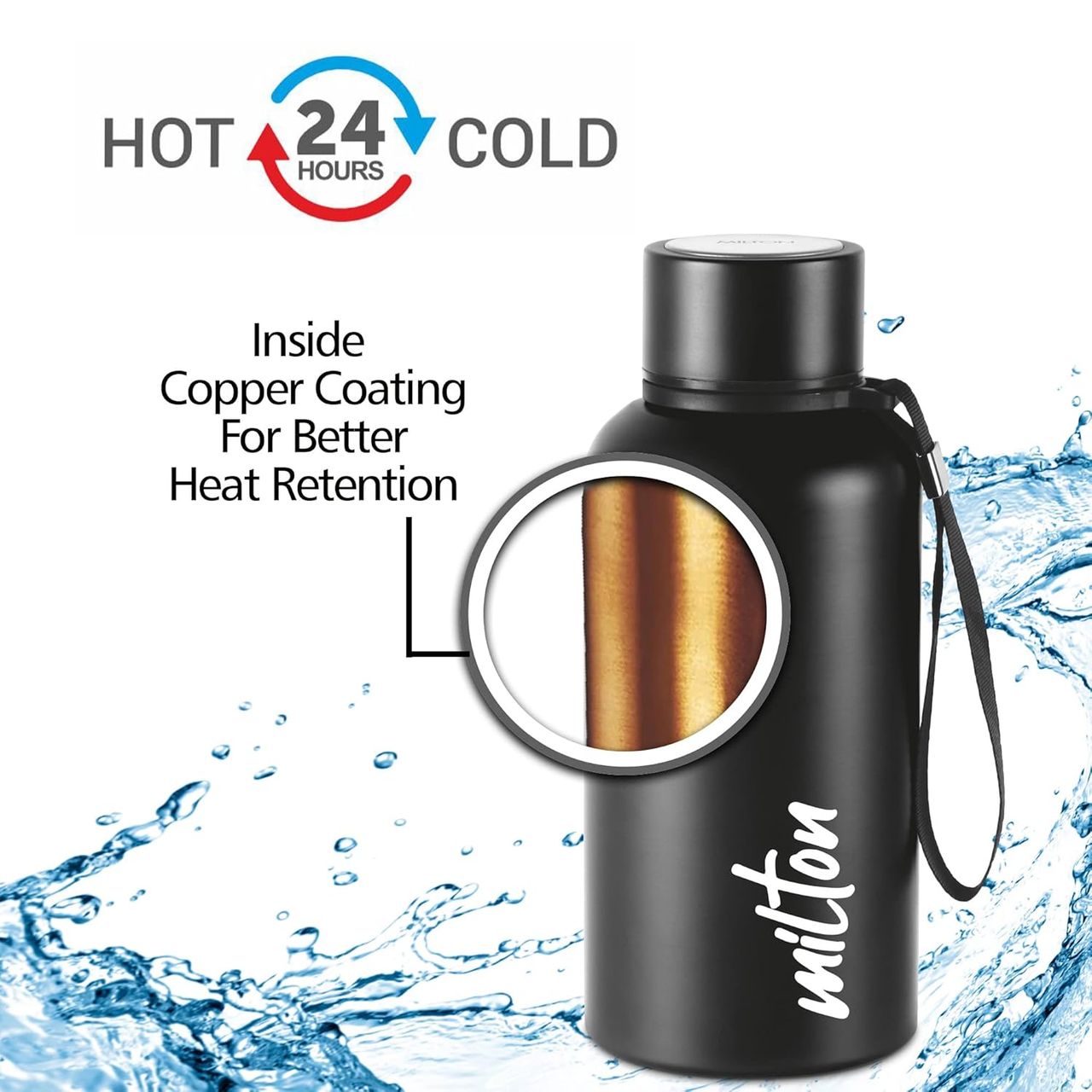 Milton Aura Thermosteel Bottle - 520 ml | Black | 24 Hours Hot And Cold