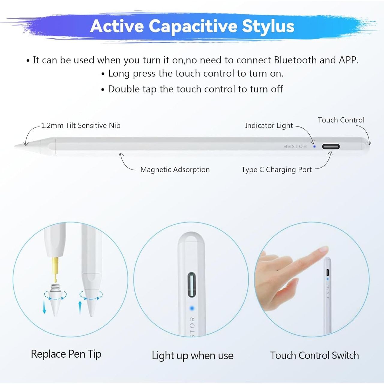 Bestor Universal Active Stylus Pen-Rechargeable,Magnetic Design,Precision Tip for Drawing and Note-Taking on Smartphones & Tablets