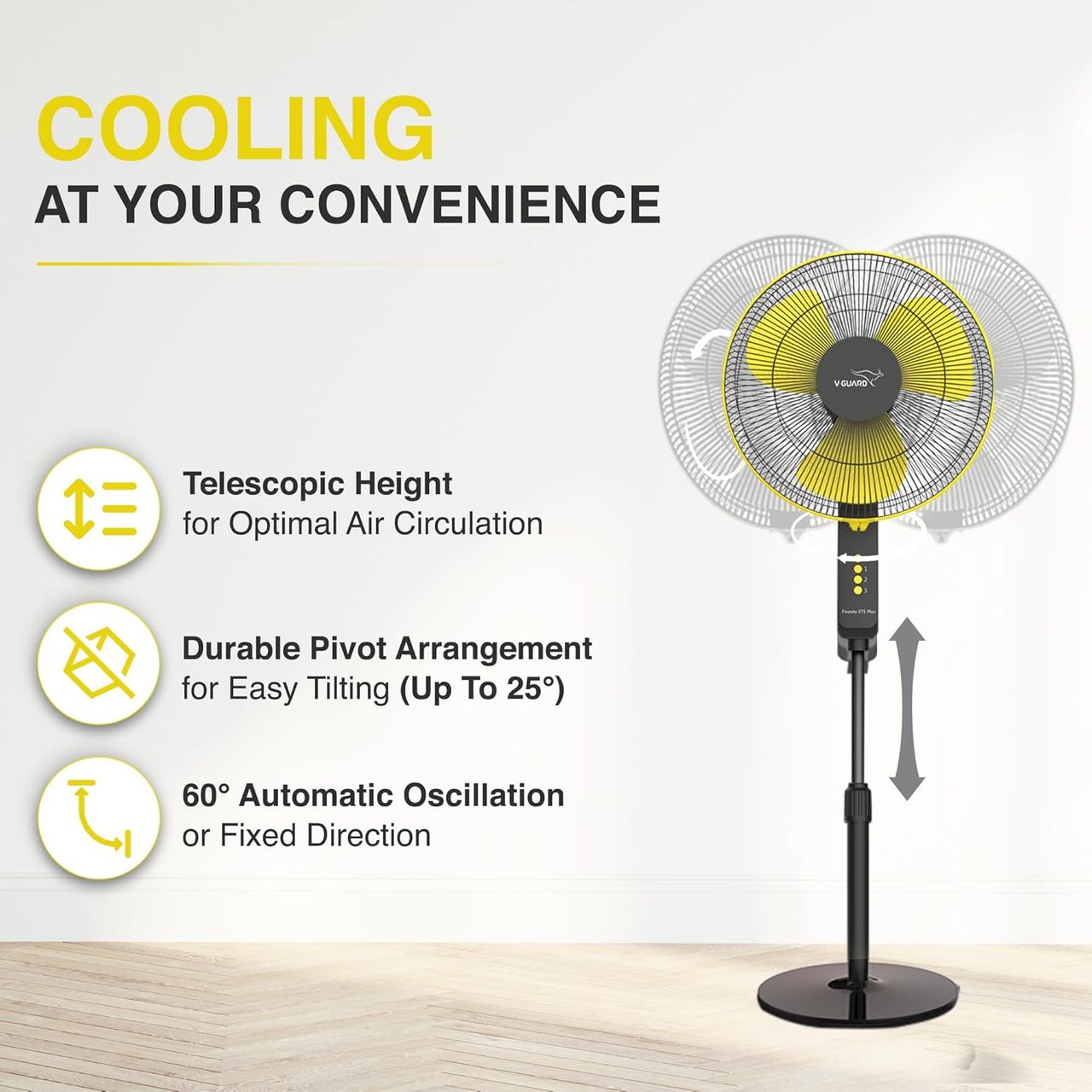 V-Guard Esfera STS Plus Pedestal Cum Table Fan, 400mm, 350 RPM Motor, 2-In-1 Operation,Yellow Black
