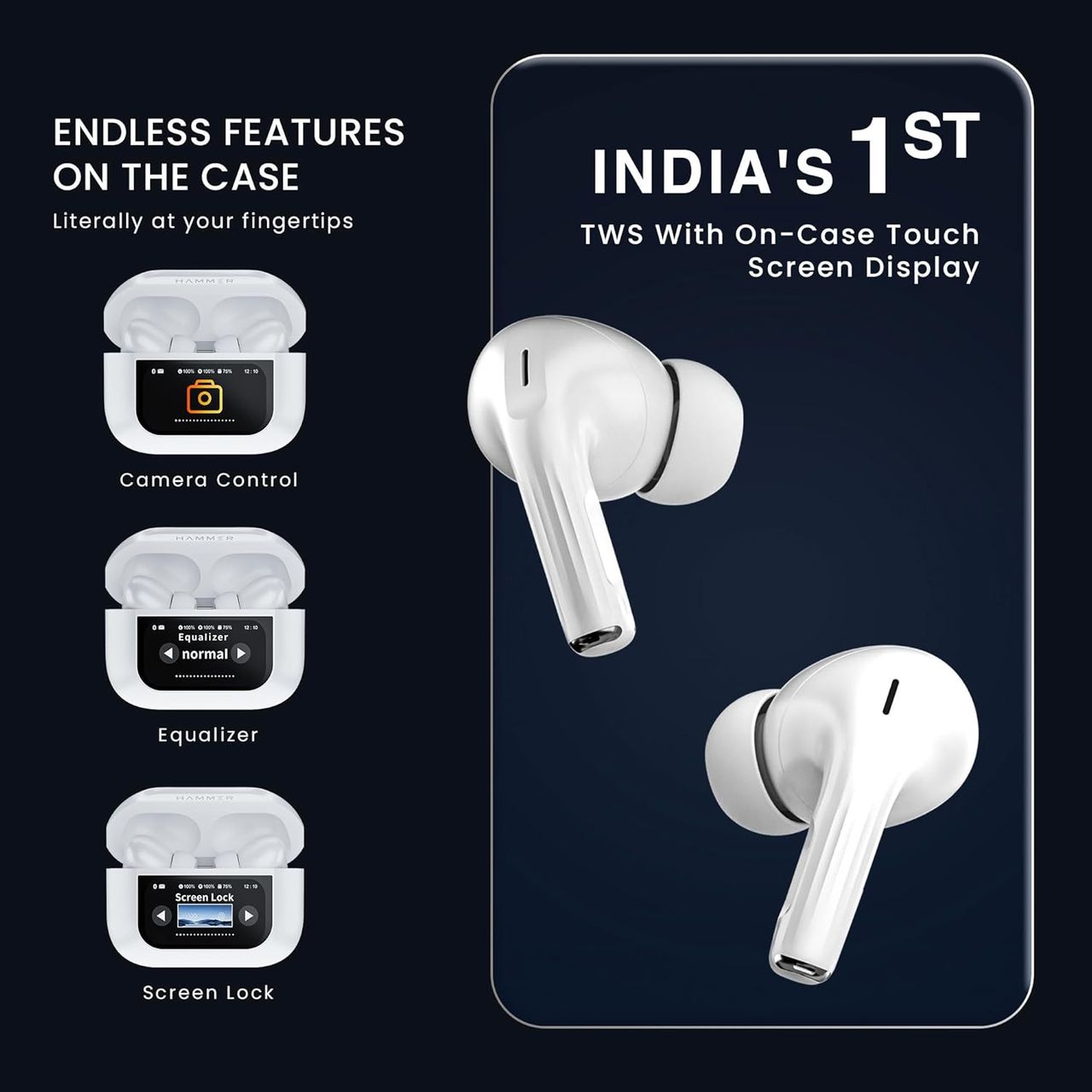 Hammer Anc (32Db) Tws| 30Hr Battery| 5 Eq Modes| Touch Screen True Wireless Buds (White)