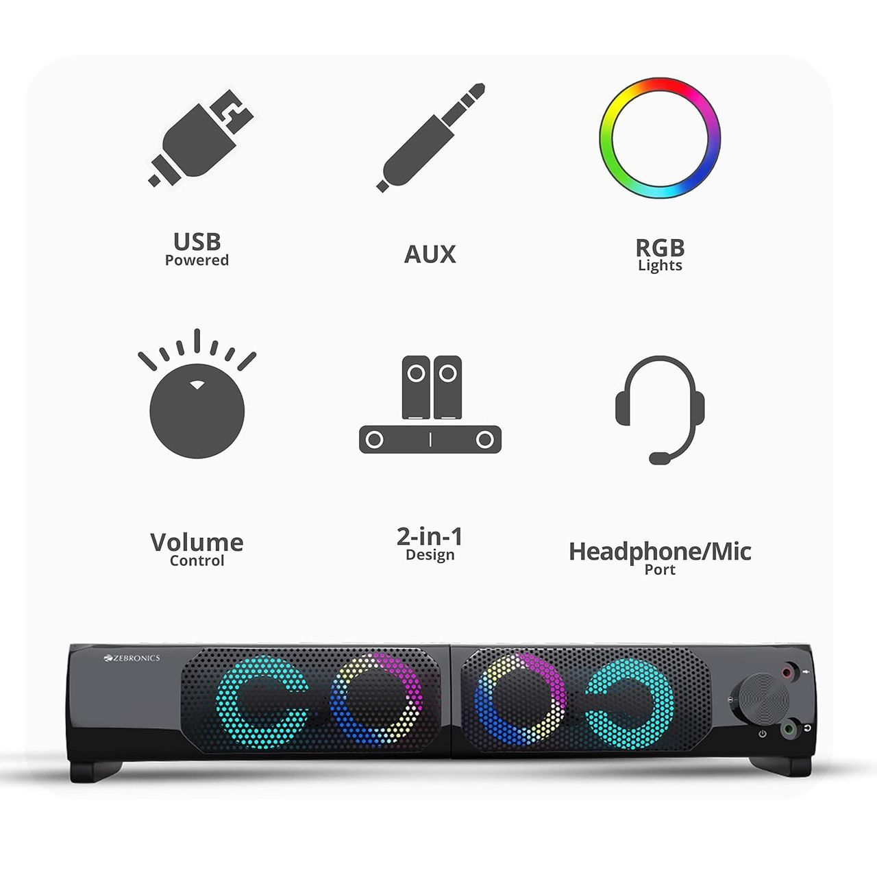 Zebronics Wonder Bar 10 Usb Powered 2.0 Computer Speaker, wired With Rgb Lights