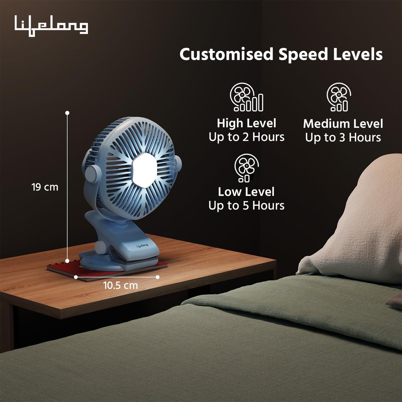Lifelong 125mm Rechargable Fan with Clip & LED Light|Portable Fan, USB Fan, Mini Fan, Table Fan, Small Fan, Car Fan, Kitchen Fan|5hr Battery Back-up, 3 Speed Settings, Low Noise, Energy Efficient
