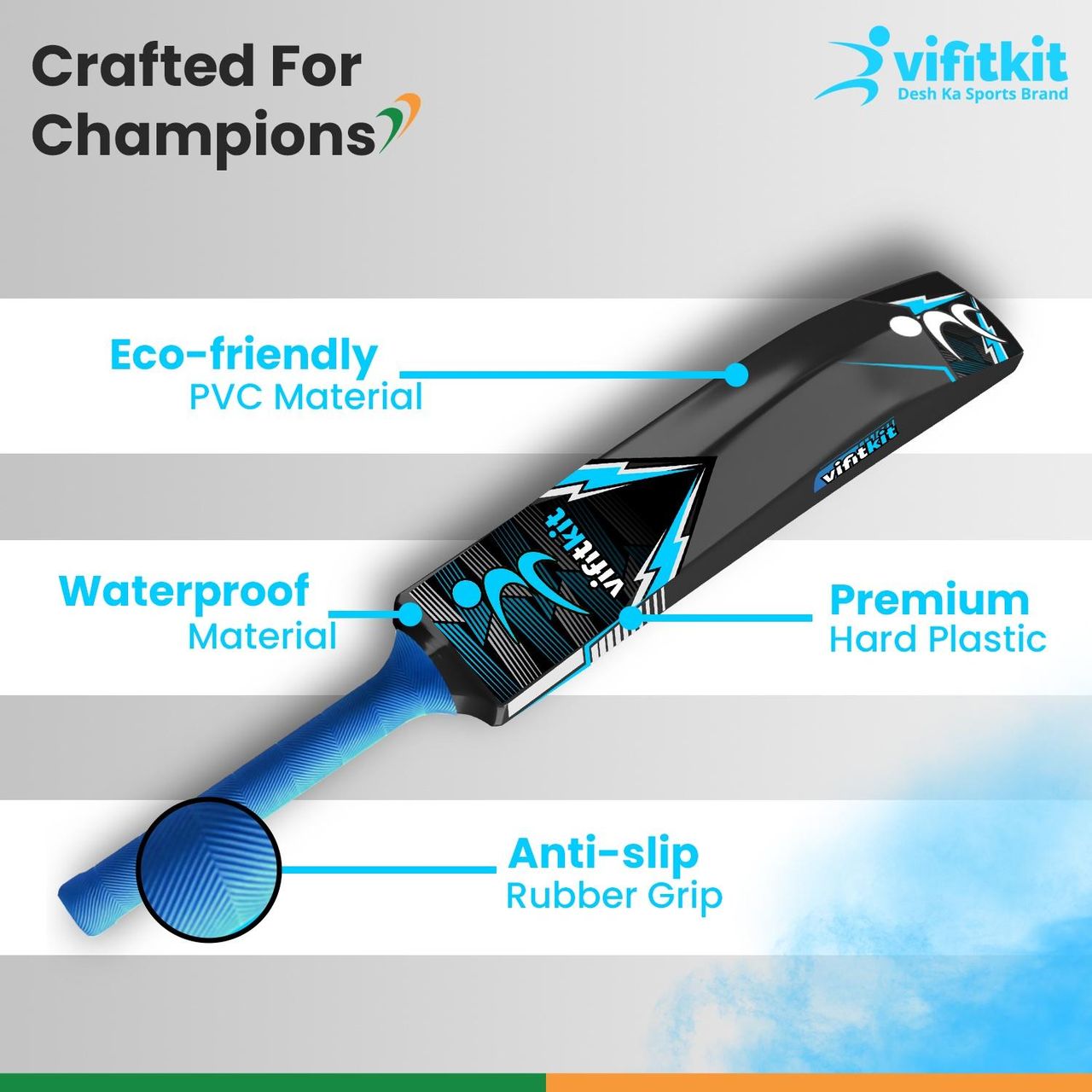 VFK by Xtrim Plastic Cricket Bat |34 x 4.5 Inch with Anti Slip Rubber Grip - Artic Blue