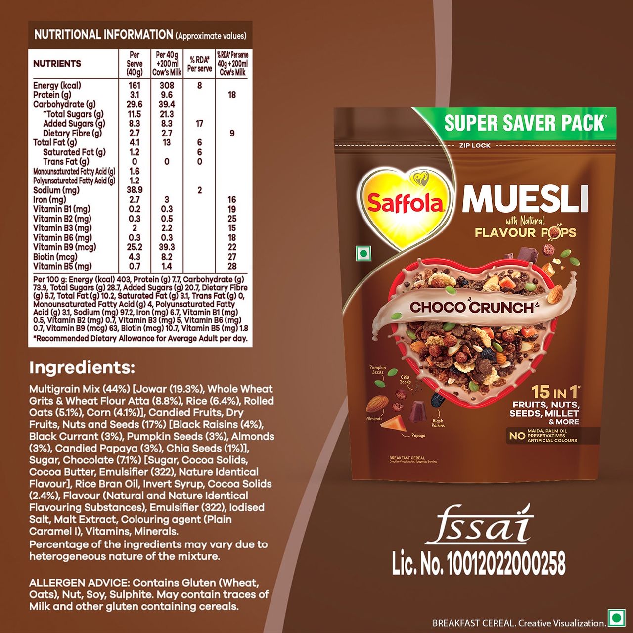 Saffola Muesli Choco Crunch With Flavour Pops 15 In 1 Fruit And Nuts | Seeds | Millet & More