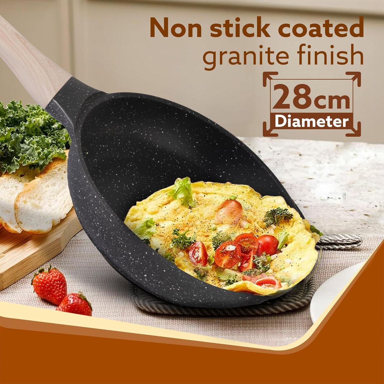 AGARO Imperial Granite Non Stick Frypan with Glass Lid, 3L / 28cm