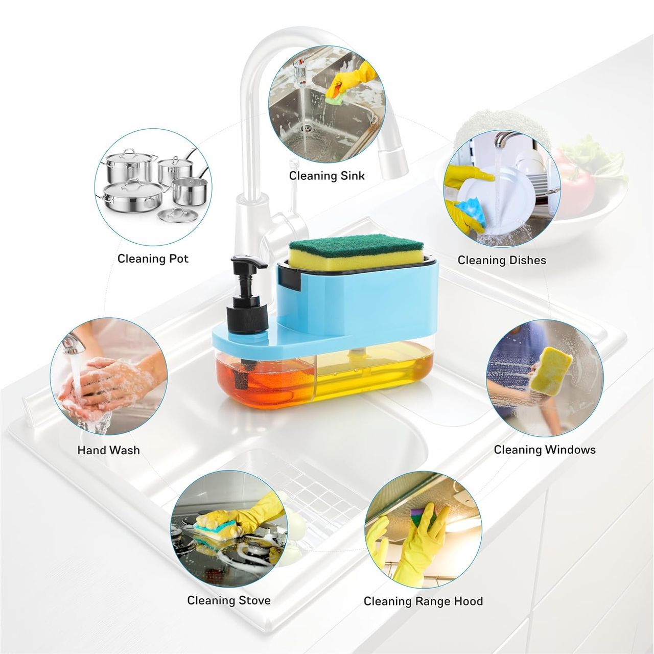 Clazkit 3-In-1 Dishwashing & Handwash Soap Dispenser With Sponge Holder For Sink & Countertop Use