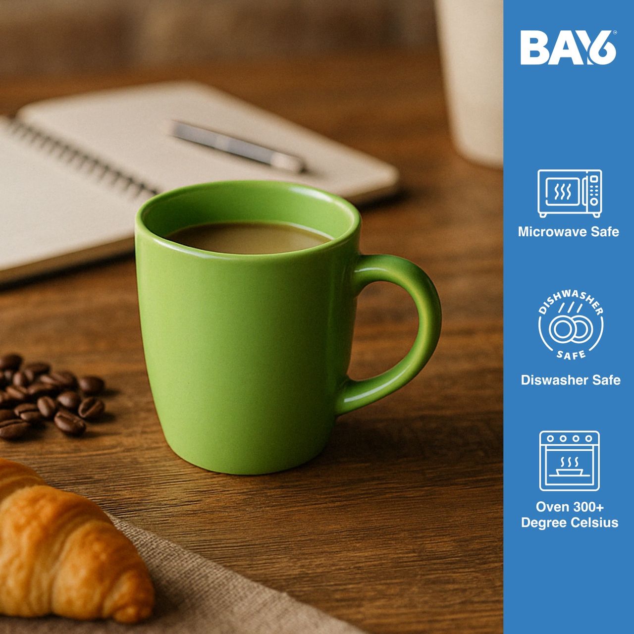 BAY6 Stoneware Solid Coffee Mugs - Green (210 ML)