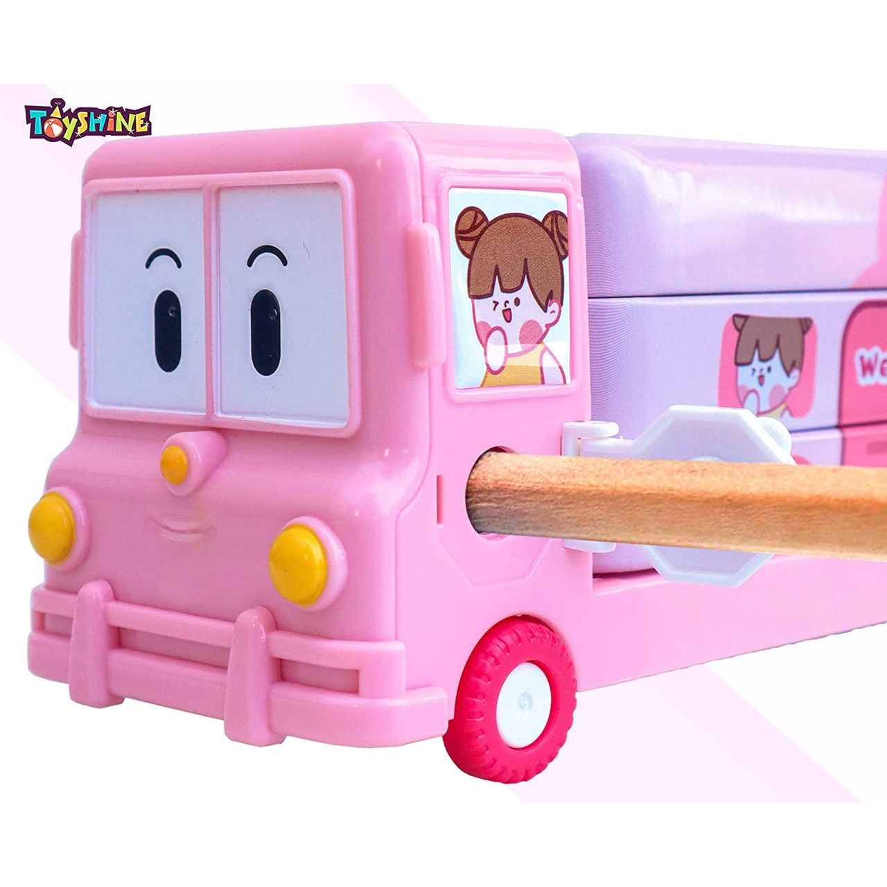 Toyshine Cartoon Printed School Bus Matal Pencil Box With Moving Tyres And Sharpner For Kids - Pink