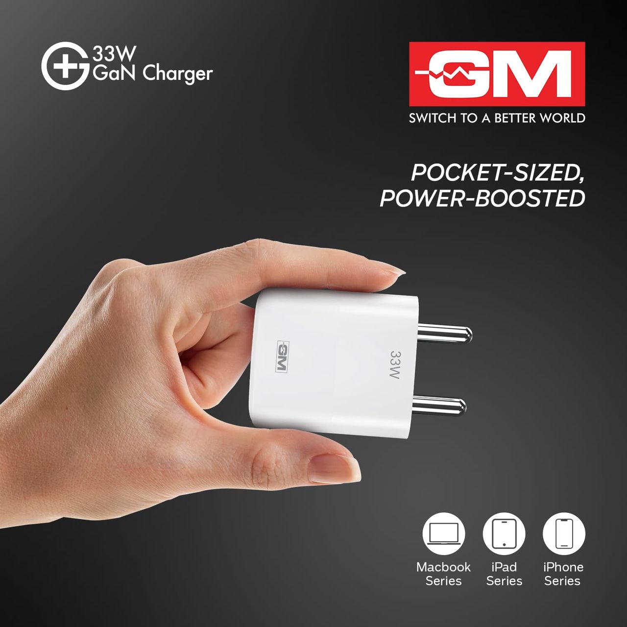 Gm G+ 33W Wall Charger, Gan Technology, Over Heat Protection, Qc Dual Port, 3.0 Type C & A Port