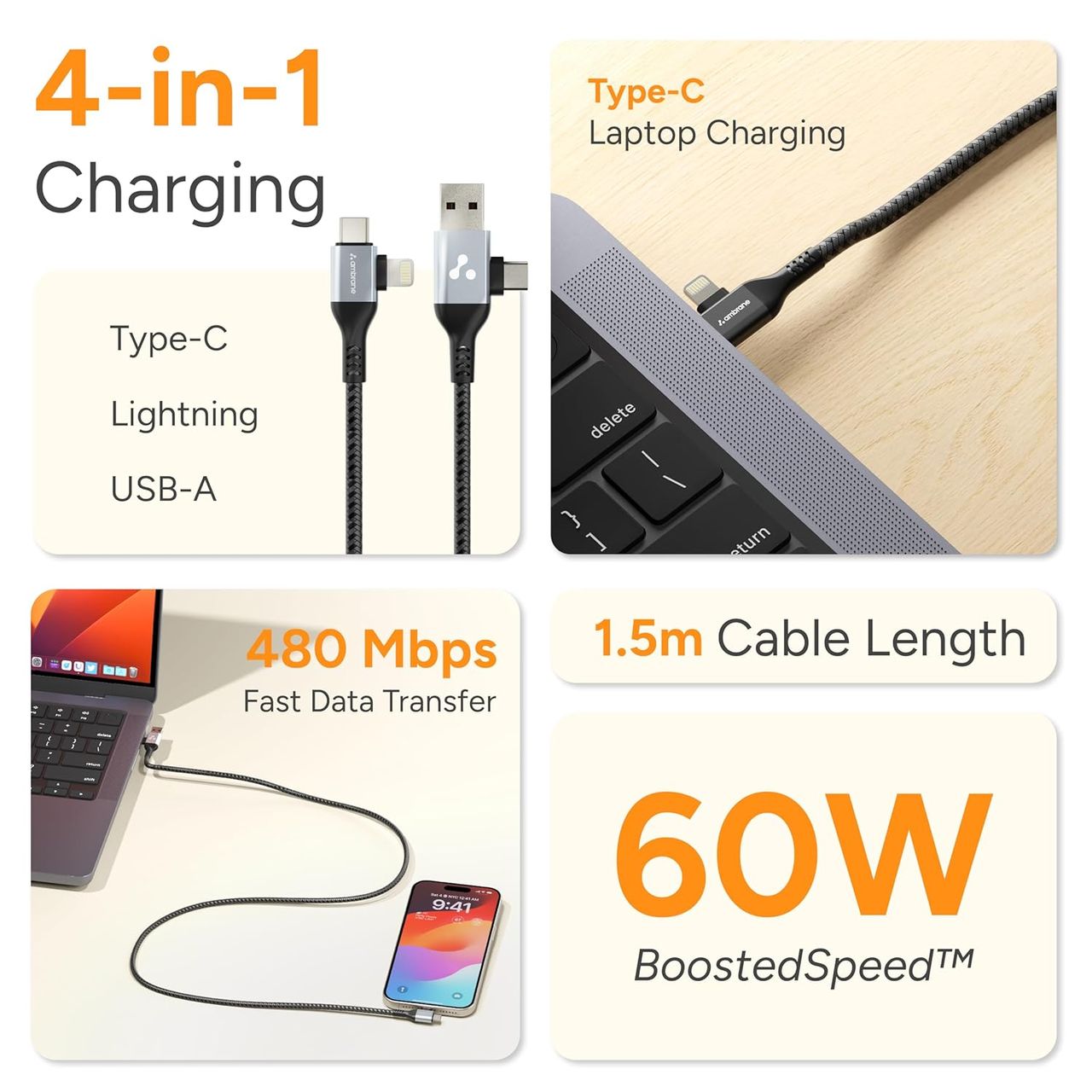 Ambrane 4 in 1 Multi-Functional fast Charging Cable, USB, Type-C, Lightning Cable (AC4CL-15)