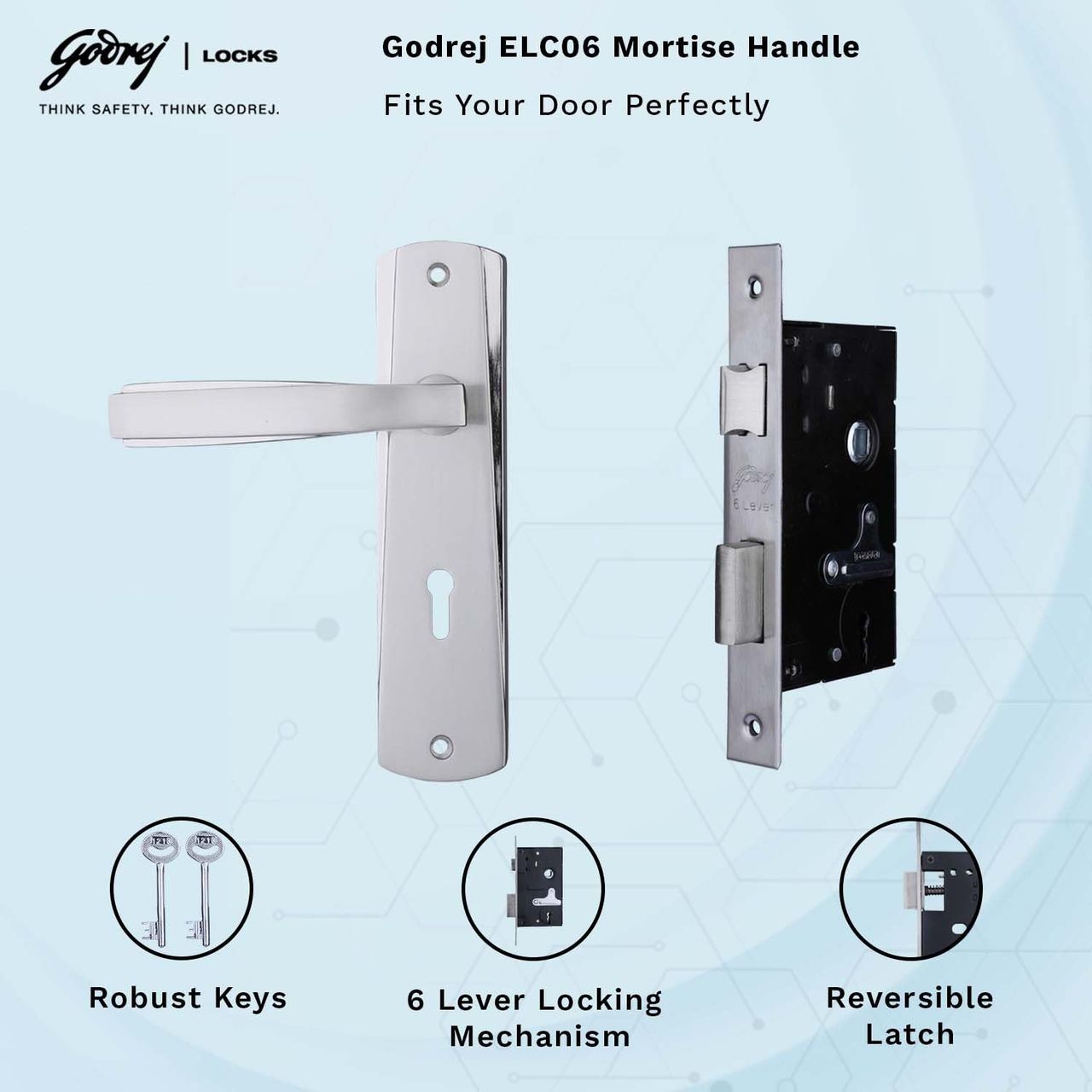 Godrej Mortise Door Lock Handle Set | 6-Lever Locking Mechanism | Satin Steel Finish