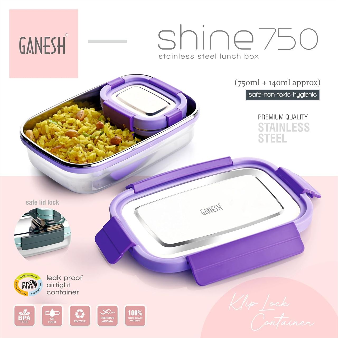 Ganesh Shine Stainless Steel Airtight Leak-Proof Lunch Box Color May Vary - 750 ml (Colour May Vary)