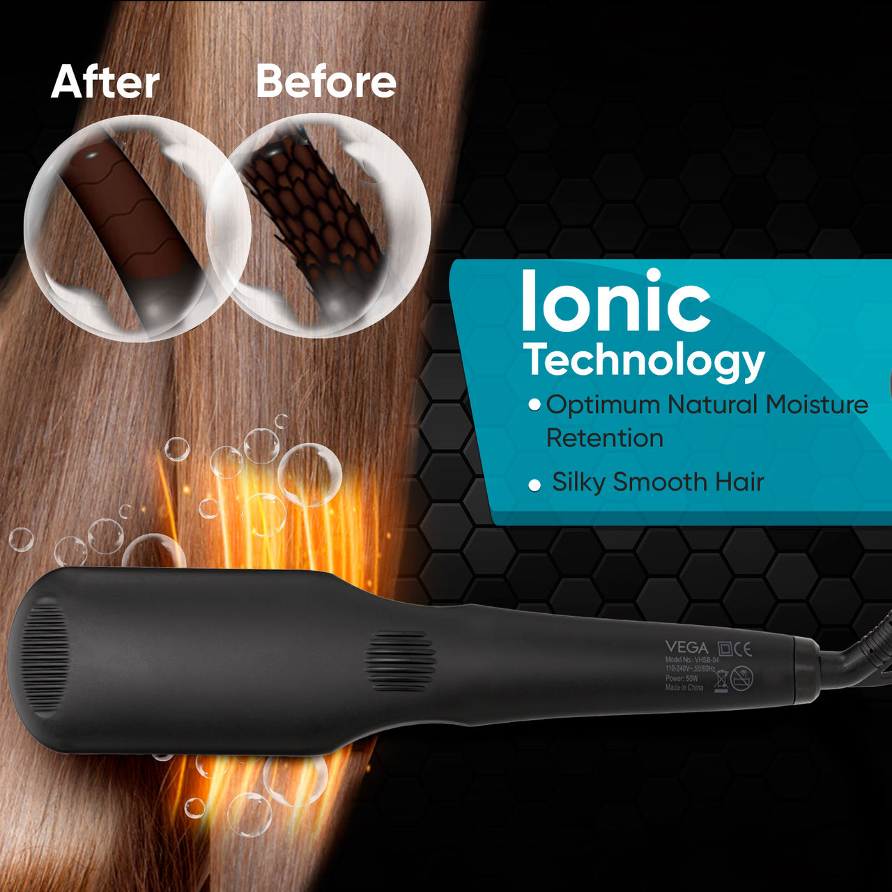 VEGA Hair Straightener Brush With Ionic&Thermoprotect Technology & 16 Temperature Settings,Vhsb-04